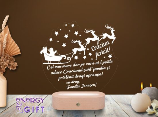 Lampă LED 3D de Crăciun cu mesaj special gravat și bază din lemn – cadou personalizat
